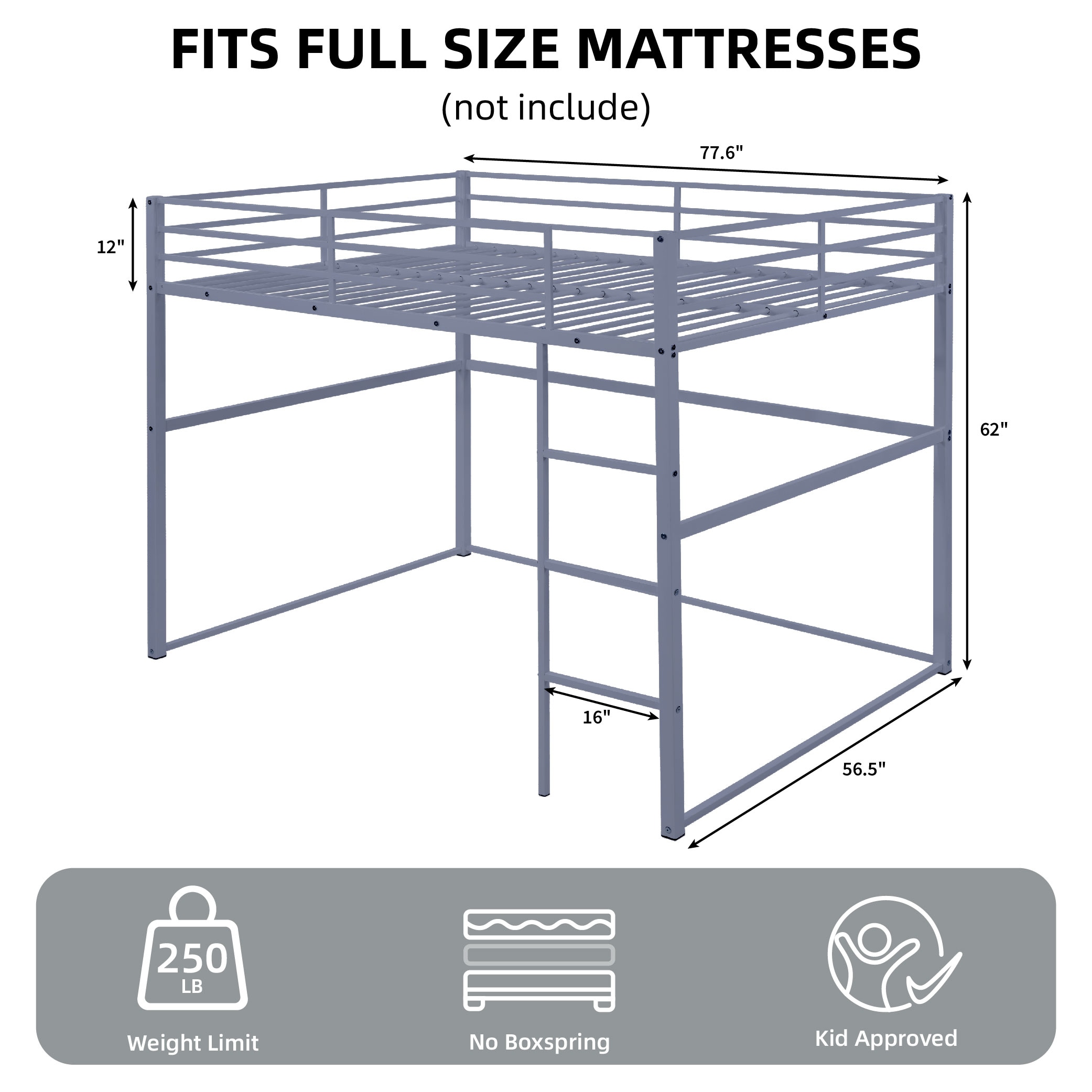 Metal Loft Bed Full Size, Loft Bed Frame with Safety Guard Rails & Flat Ladder, Twin Loft Bed for Kids Teens Adults, Gray